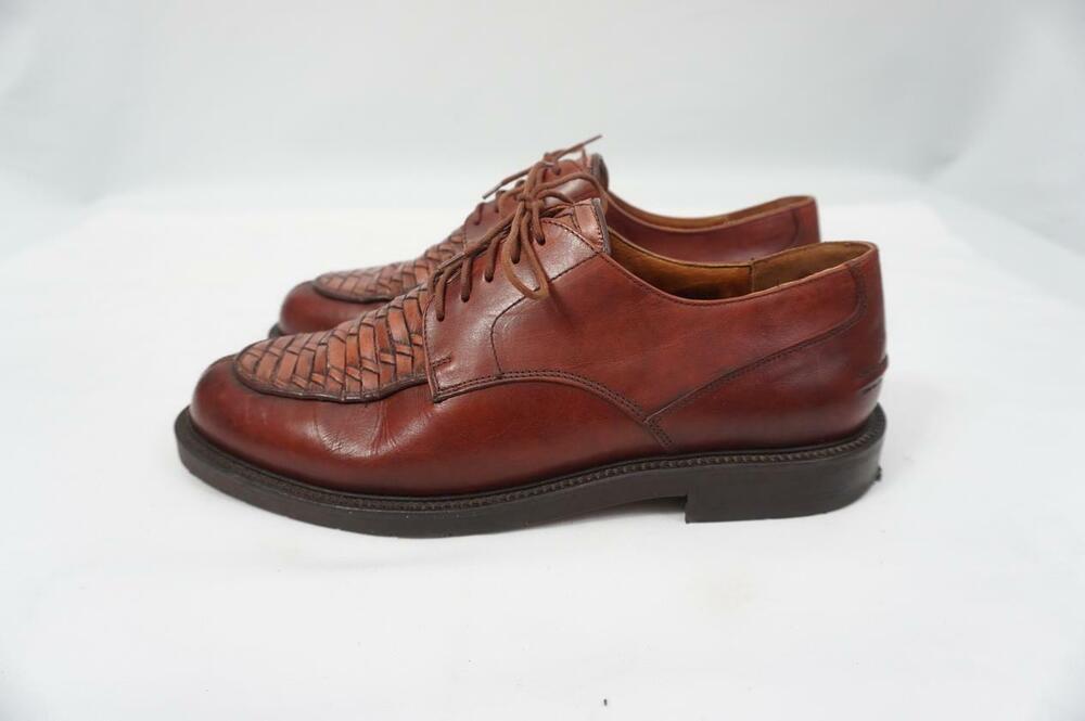 JOHNSTON & MURPHY 10 M USED BROWN LEATHER WOVEN TOPS OXFORDS/DRESS SHOES ITALY